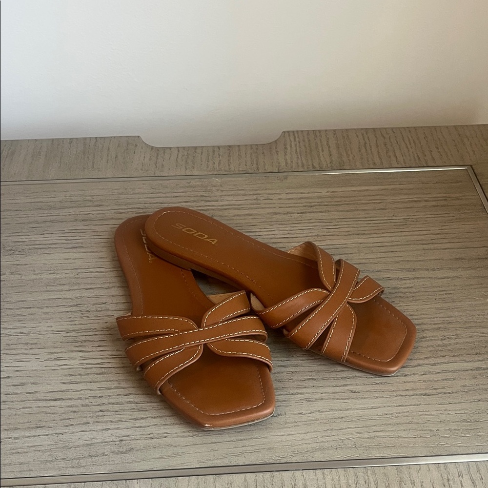 Soda Women's Brown Crisscross Slide Sandals